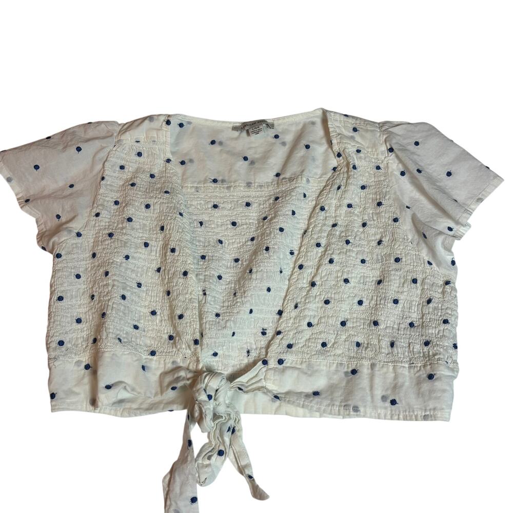 American Eagle White Blue Swiss Dot Tie Front Crop Top Women's Large Boho